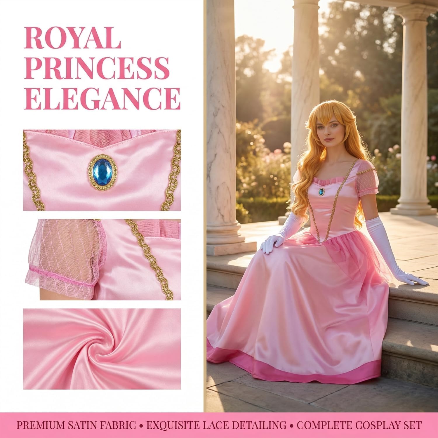Pink Princess Costume Adult Women Fantasy Ball Gown Royal Cosplay Dress Pink Princess Dress Halloween Party Outfit