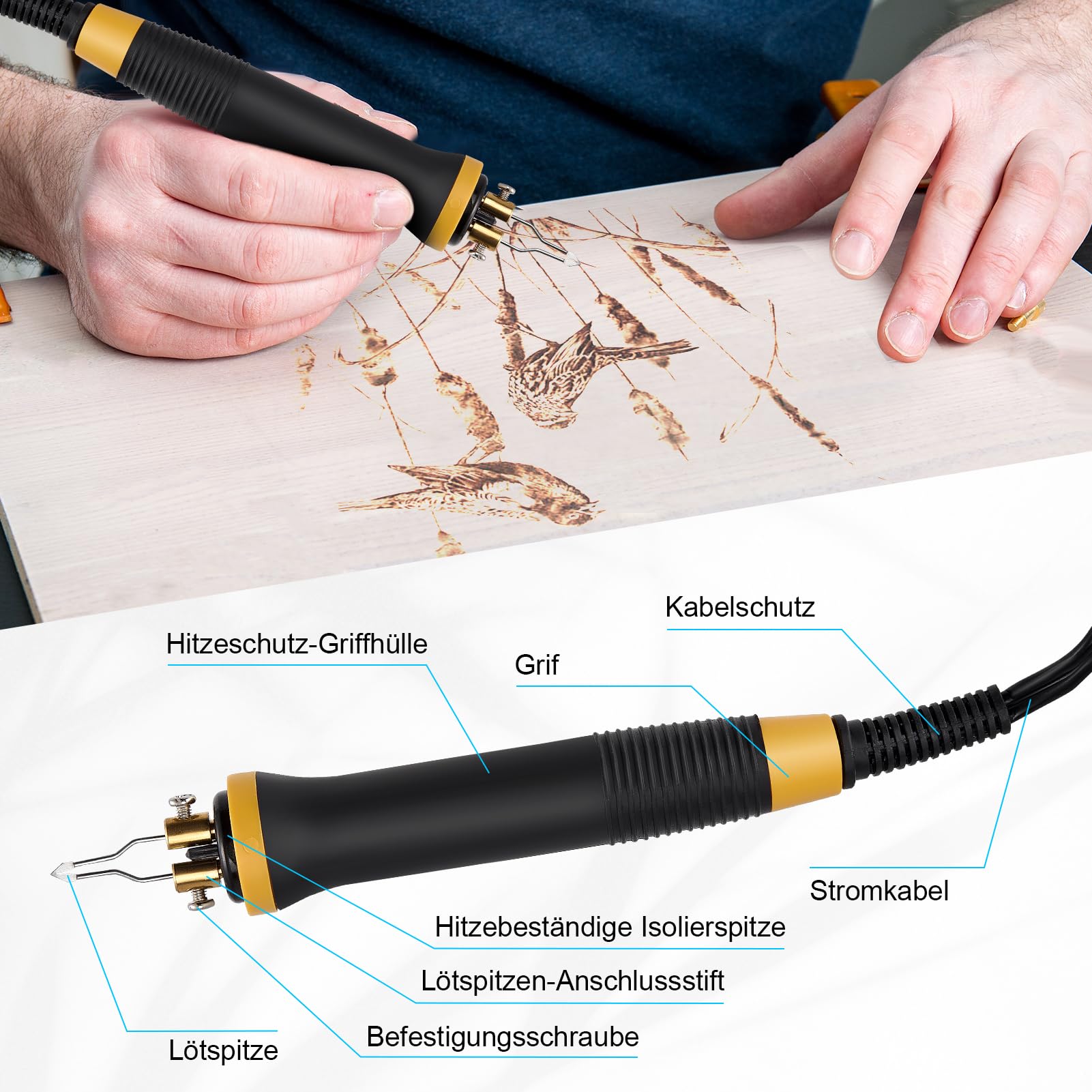 Brandmalerei Set mit Digitalanzeige 280-800°C, Brandmalkolben Profi Holzverbrennungsset mit 30 Drahtspitzen, Schnelles Aufheizen Ergonomischer Griff, für Anfänger DIY Basteln Holz Gravur, Standard