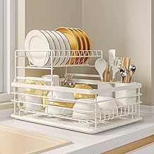 Warmiehomy White Dish Drainer Rack 2 Tier Metal Draining Board Rack Dish Rack with Removable Drip Tray, Sink Drainer Rack for Kitchen with Removable Cutlery Holder, White