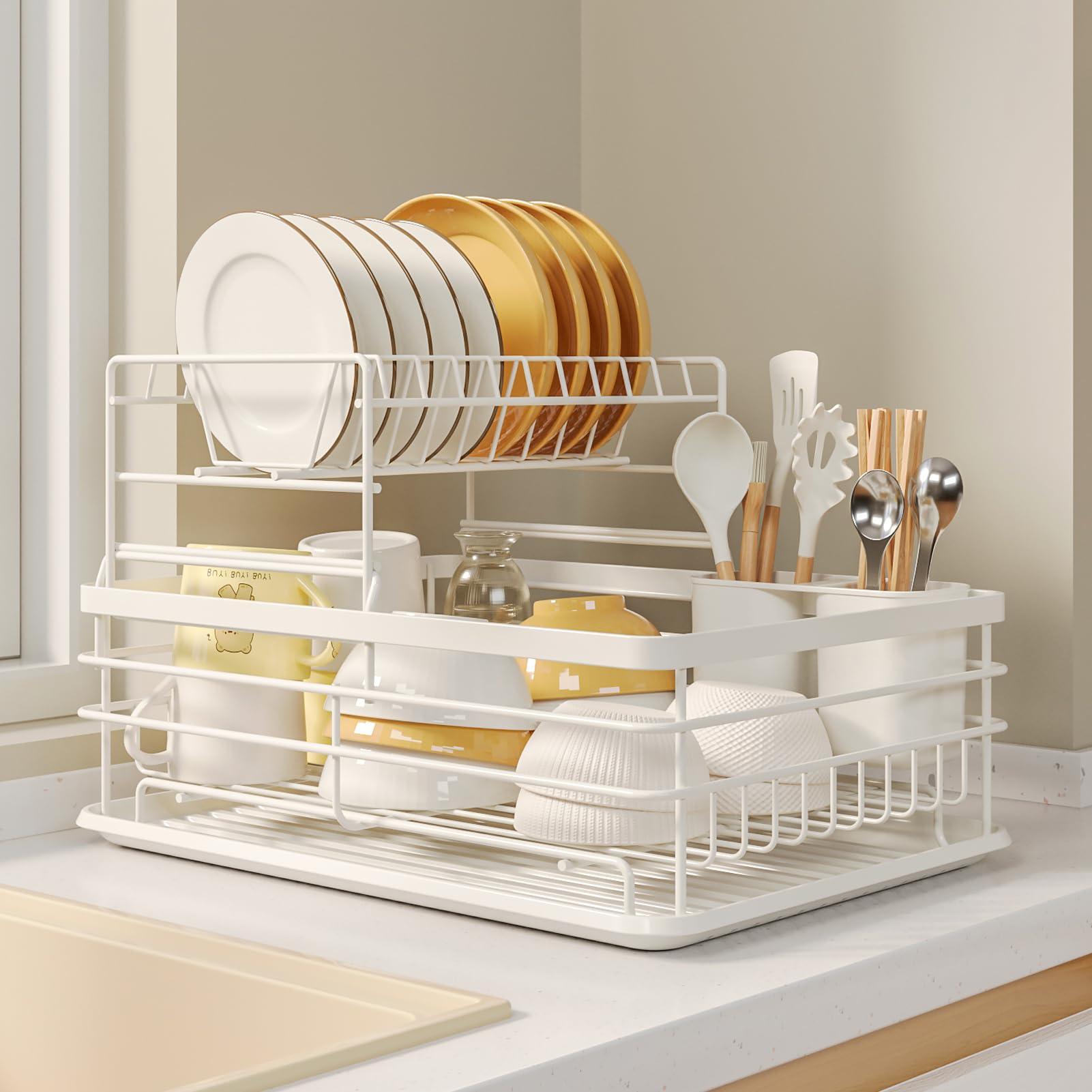 AVkgwrtb Dish Drying Rack, Kitchen Dish Drainer Rack with Drip Tray, Cutlery Holder, Wooden Handles, Multicolor(White 2 Tier)