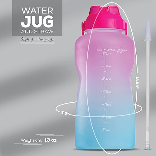 Miniatura 6 de Botella de agua motivacional con popote y asa, botella de agua de un galón de 128 oz3.8 L, jarra de agua reutilizable, logra una hidratación durante