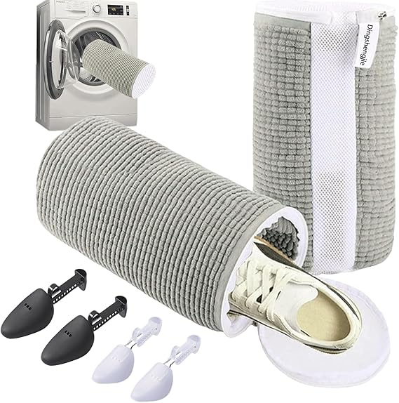 Shoe Washing Machine Bag 2pcs Grey with 2 Pairs of Adjustable Shoe Trees, Fluffy Fibers Keep 360° Wrap-around Cleaning, Reusable Shoe Bag for Washing Machine with Durable Self-Locked Hidden Zipper