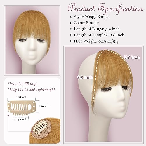 Miniatura 2 de RUWISS Flequillo con clip, extensiones de cabello humano real con fleco de sien, extensiones de cabello con clip, para mujer, para uso diario (rubio)