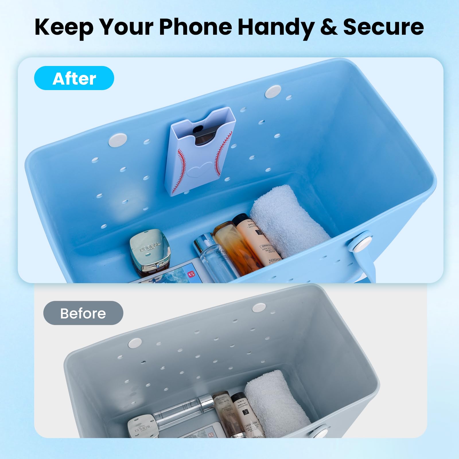 Phone Holder for Bogg Bag Accessories, Silicone Baseball Charm and Hard ABS Plastic Phone Case Holder for Bogg Bag White