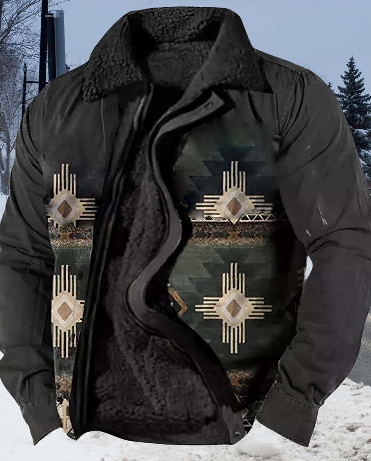 Western Coats for Men Aztec Vintage Print Sherpa Fleece Lined Jackets Long Sleeve Zip Up Winter Warm Outerwear - Image 6