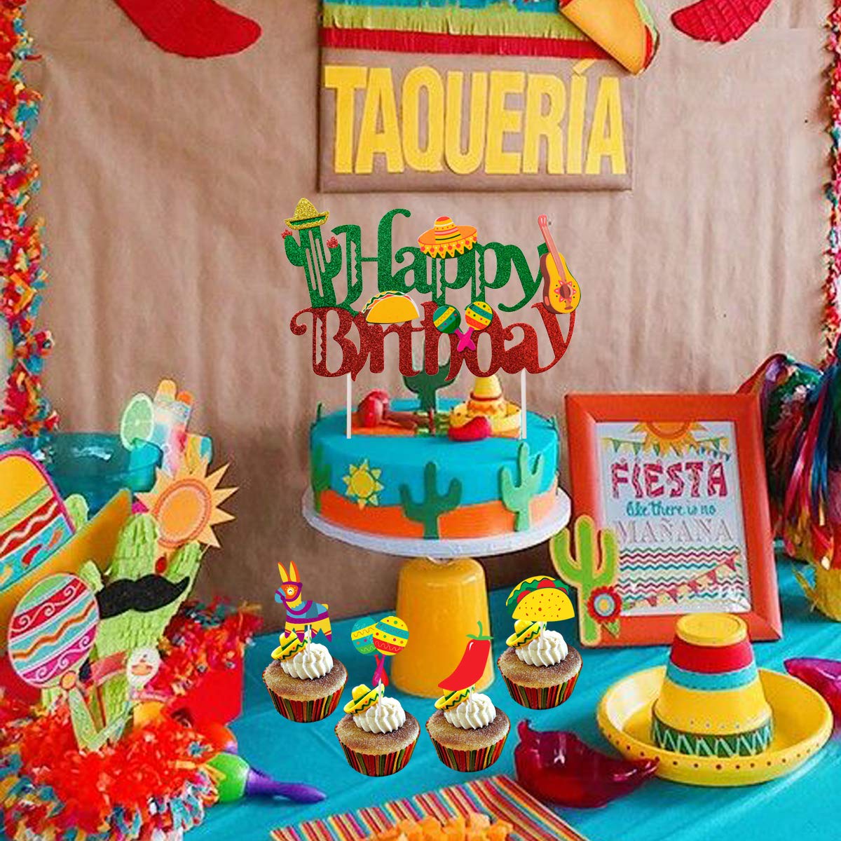 20 Decorazioni Per Cupcake A Tema Messicano | Cactus, Pinata, Taco, Chitarra, Peperoncino | Per Feste A Tema