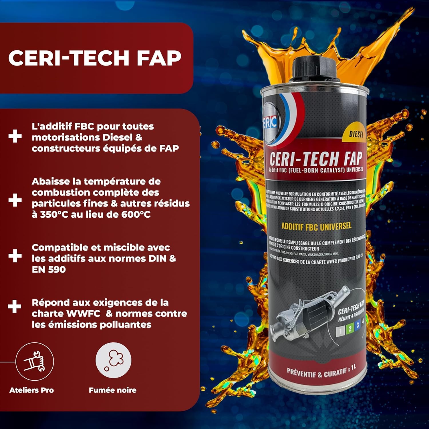 ERC – Ceri-Tech FAP Universale | Additivo Catalizzatore Diesel | Riduce la Temperatura di Combustione | Trattamento Preventivo & Curativo | Conforme ai Requisiti WWFC | 1 L