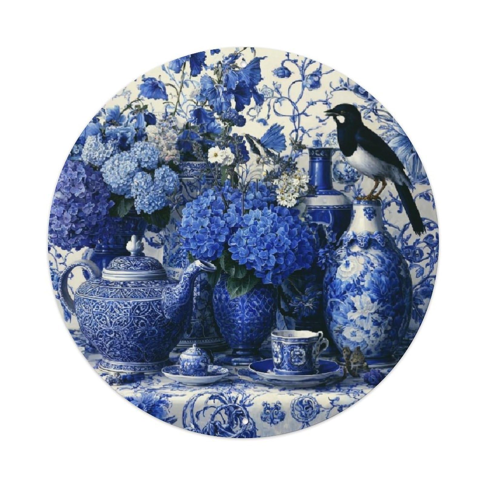 Blue And White Floral Pattern Metal Tin Sign Plaque