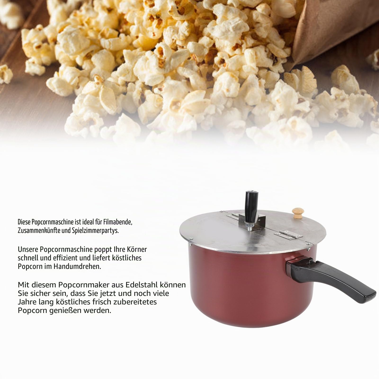 Edelstahl Popcorn Popper, Herdplatte Popcorn Maker handbetrieben, kompaktes Design, Popcorn Topf mit einer Handkurbel, Gasherd Induktion Herd kompatibel