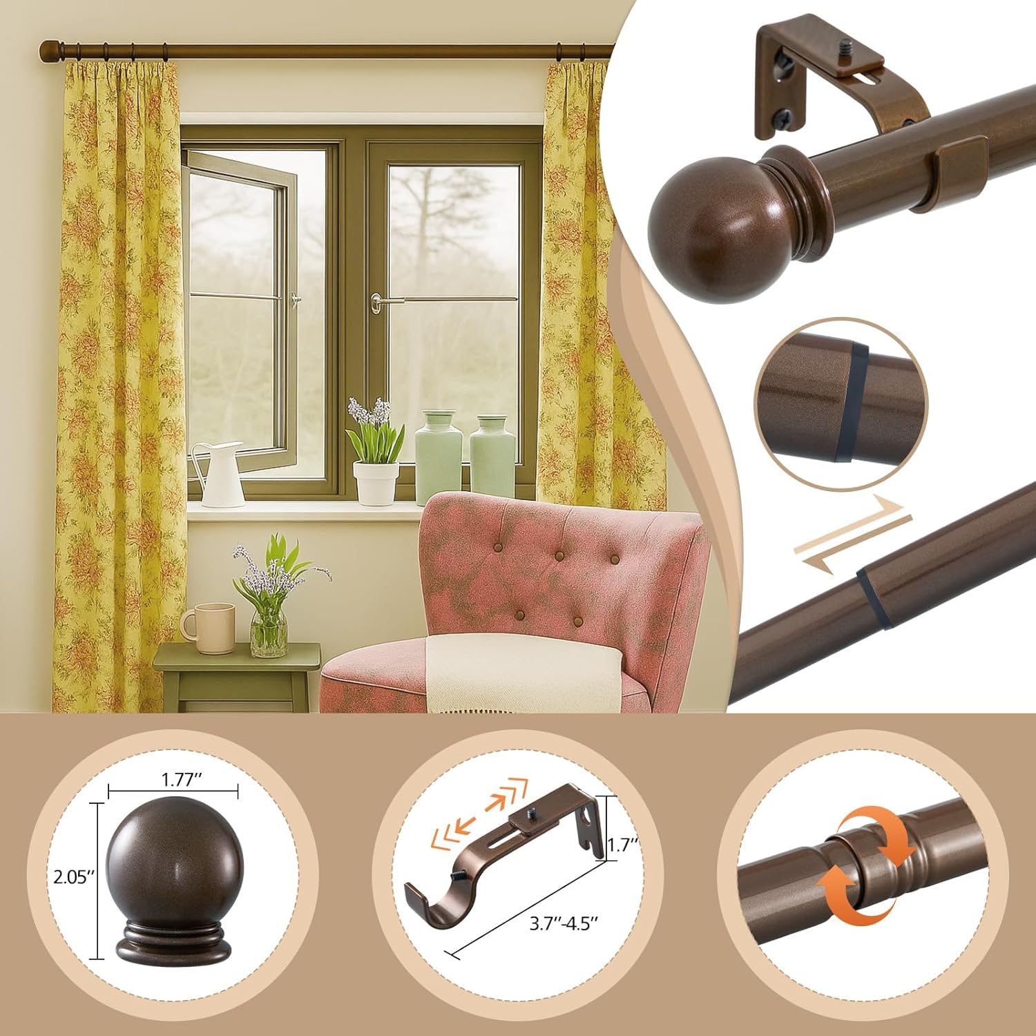 Curtain Rods for Windows 16 to 48 Inch (1.3-4 Feet), 2 Pack 1 Inch Diameter Adjustable Curtain Rod with Ball Finials, Heavy Duty Metal Drapery Rod Holds up to 30 lbs for Kitchen Bedroom WAZLEX Bronze