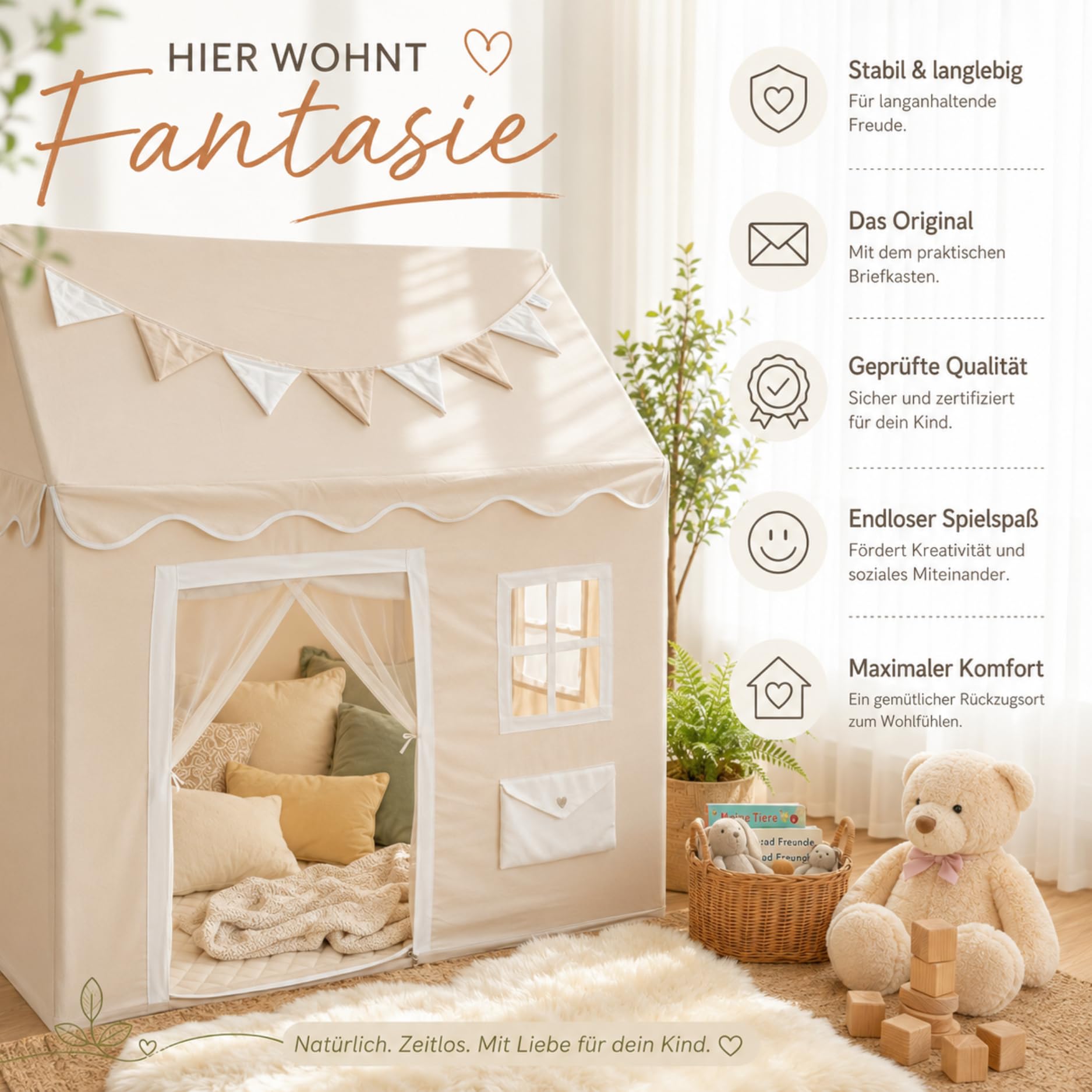 LIONHERZ DAS ORIGINAL - Casetta giocattolo per bambini, con cassetta postale, tenda da gioco per interni con tappeto e ghirlanda, casetta per bambini, con 3 finestre e tenda per porte