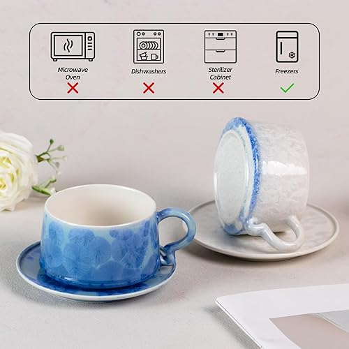 Miniatura 7 de KAMMAK Juego de 2 tazas de té y platillos de porcelana, tazas de café de porcelana de 7.5 onzas, tazas de café expreso esmaltado cristalino,