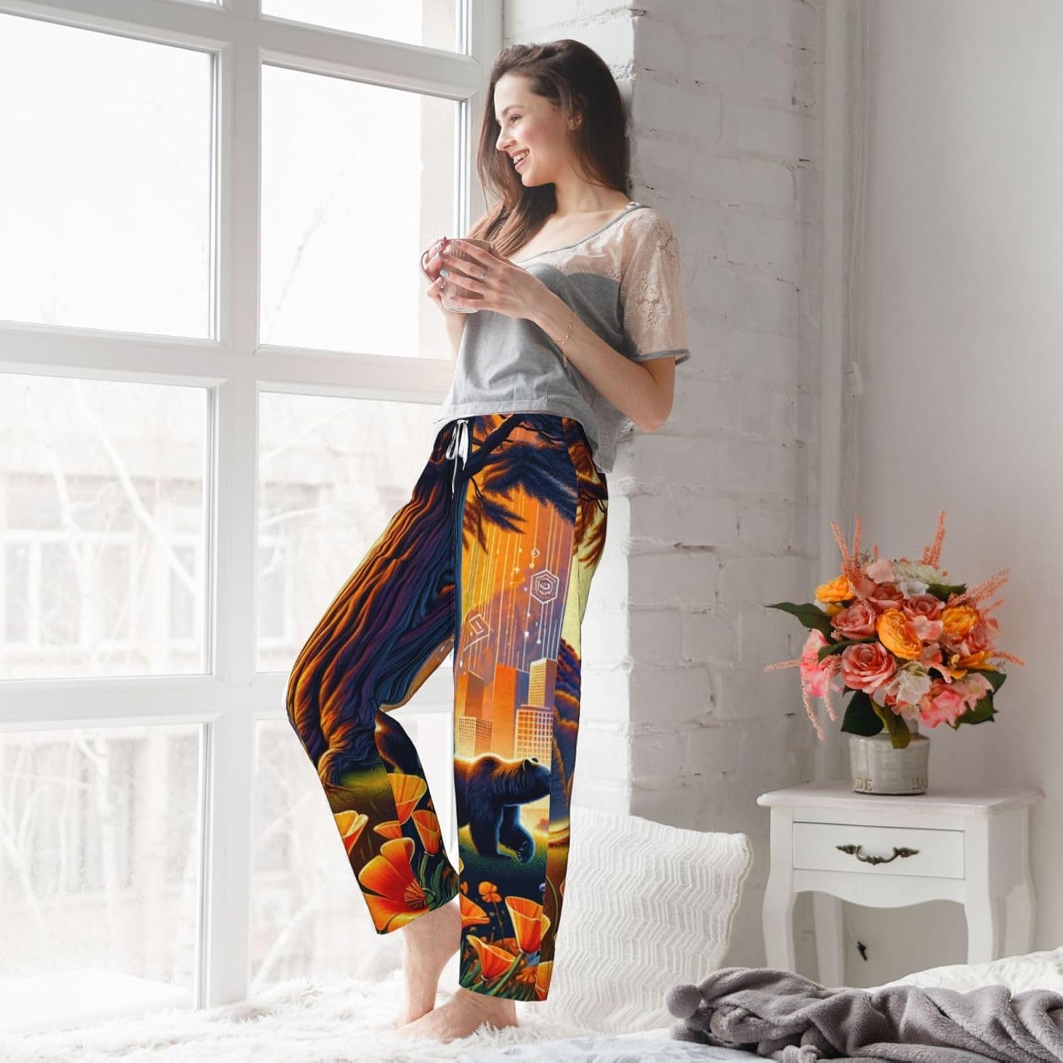 Women'S California-Poppies-Bear-Symbols Fleece Pajama Pants, Cozy Flannel Lounge Bottoms For Women