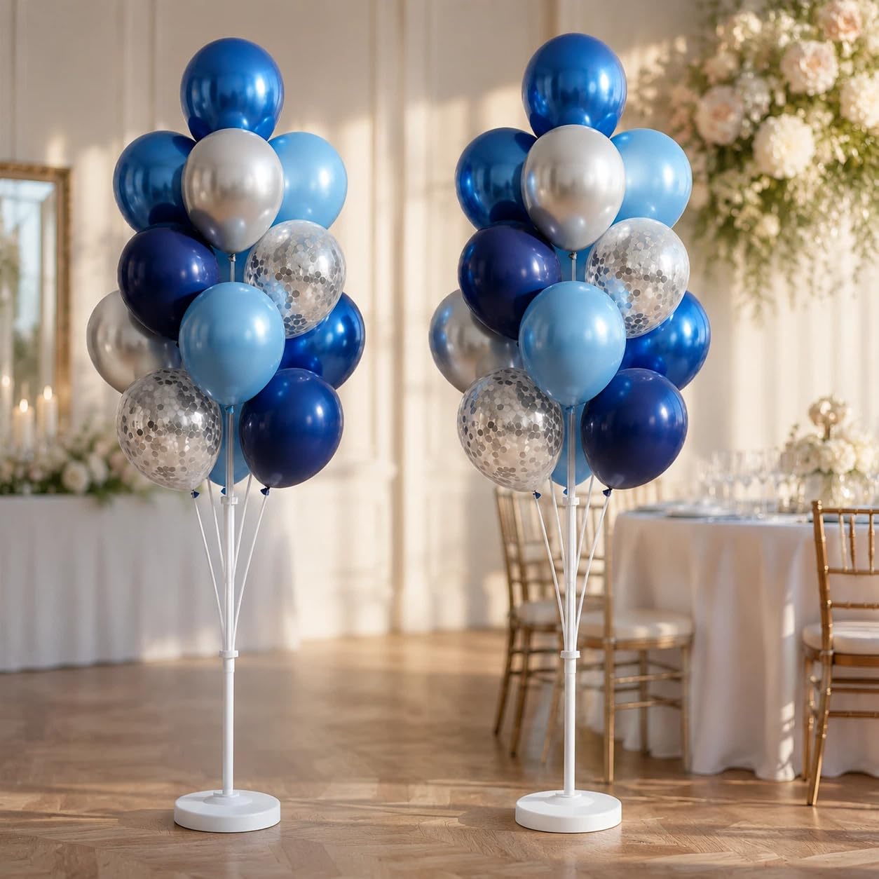 Juego de 2 soportes para globos, soporte de columna para globos con confeti dorado azul marino metálico plateado y azul mezclado para cumpleaños, boda, baby shower, graduación, decoración de fiesta de