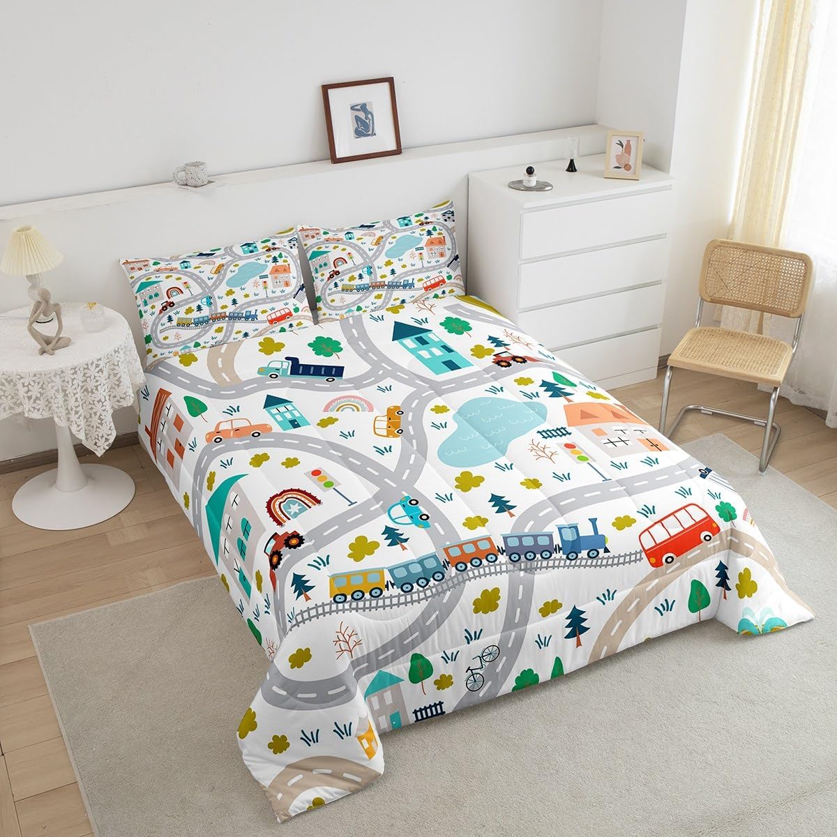 Erosebridal Cartoon Cars Queen Comforter Set for Toddler Boys Girls Kids Train Bedding Set Kawaii Rainbow Duvet Set,Road Map Quilted Comforter,Truck Bus Vehicles Bed Sets for Boys + 2 Pillow Cases
