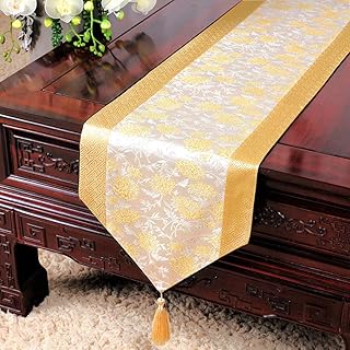 Tischläufer,Chinese Style Vintage Tisch Läufer Beige Daisy Brokat Bedruckte Gewebe Classic Long Quaste Tischset Tischauflage Für Hochzeit Home Couchtisch Dekor 1 @ 33 cm_X_150Cm