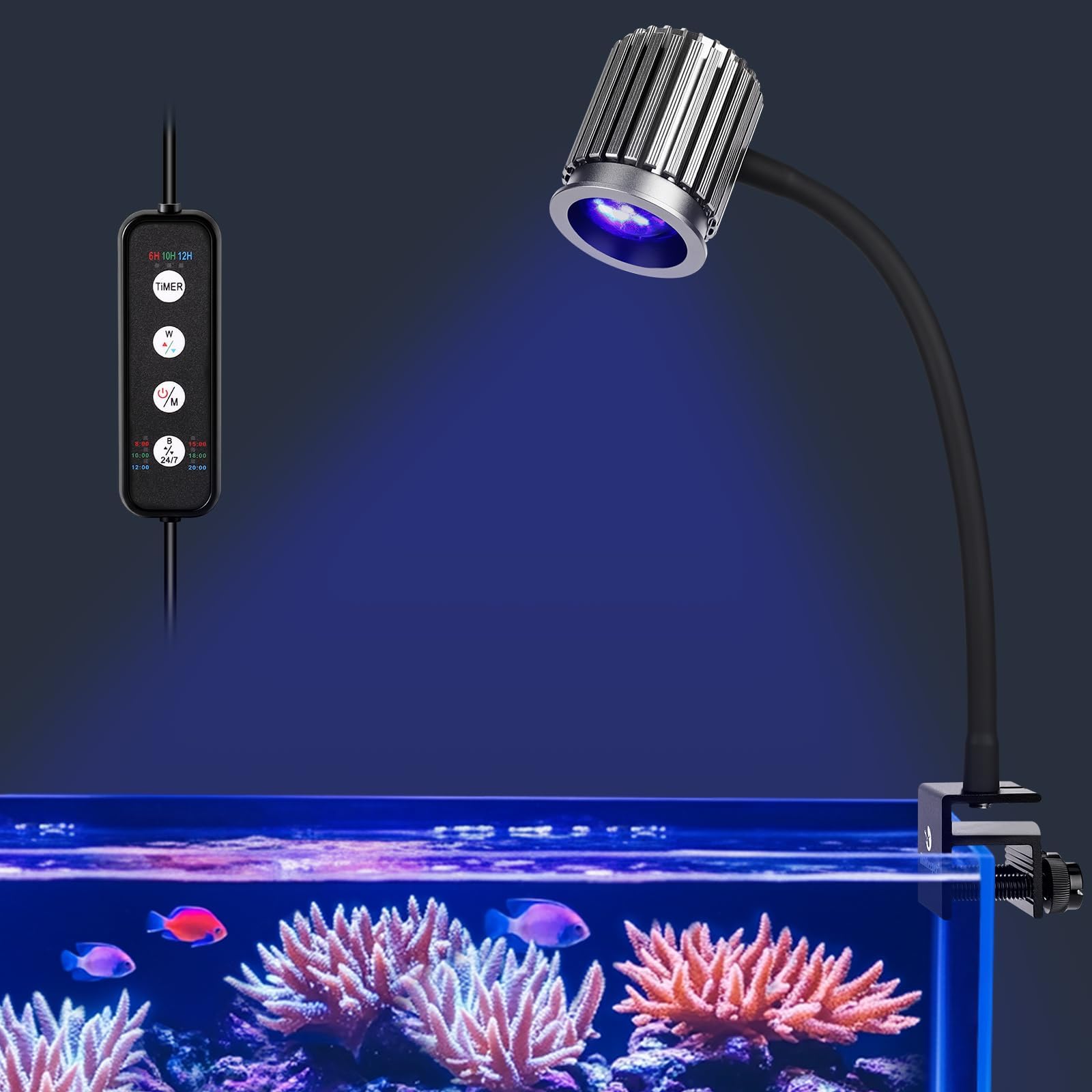 Clip On 24/7 Saltwater Aquarium Light, Small Fish Tank Light mit 3 DIY Colours, 10 Brightness Levels and 3 Timer Settings, Flexible Aquarium Lights Suitable for Saltwater & Coral Marine Tank