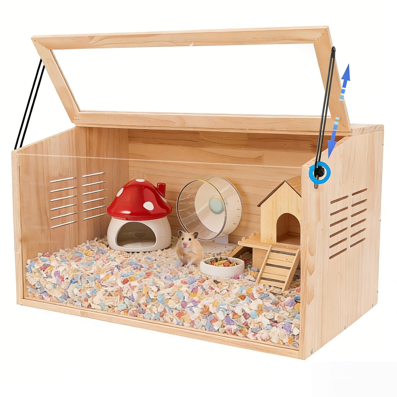 Wooden Hamster Cage, Animal Cabinet for Dwarf Syrian Hamsters Degus, Hamster Habitat with Openable Top and Large Acrylic Sheets.