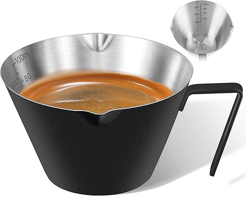 Miniatura 16 de 2 piezas de tazas de espresso de acero inoxidable con asa, taza medidora de metal de doble boquilla con doble escala, taza de espresso con boca en