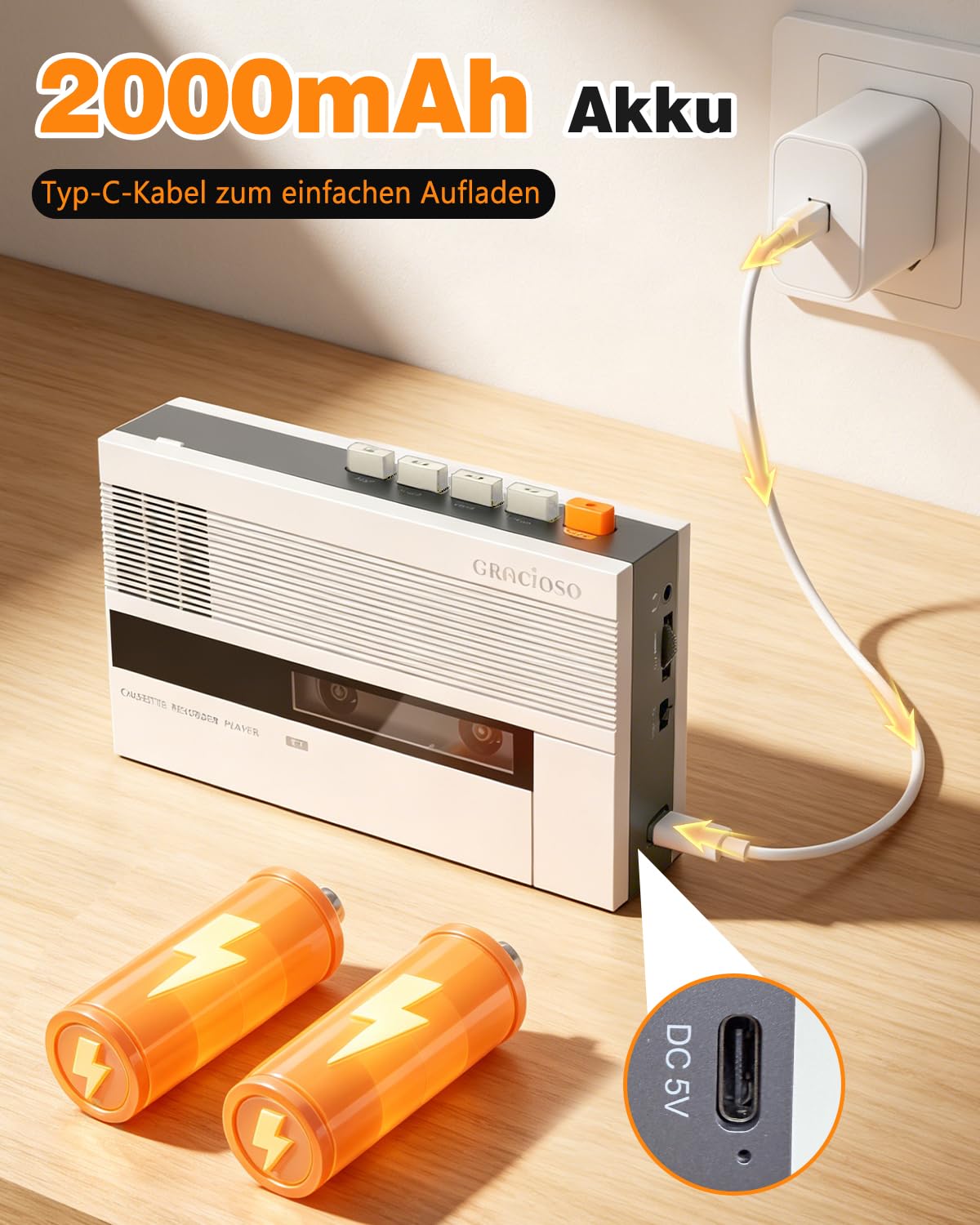 Tragbarer Kassetten-Player mit Bluetooth Sender & Empfänger, 2000mAh wiederaufladbar, Kassettenrekorder für Sprache & Bluetooth Musik, integrierter Lautsprecher, 3,5 mm Kopfhöreranschluss