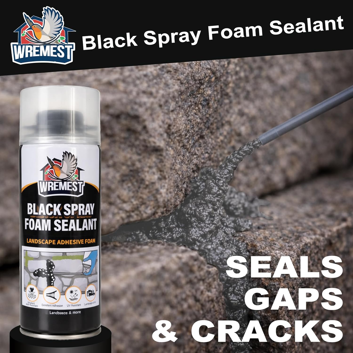 Black Spray Waterfall Foam Sealant,12 oz Can,1 Pack,Waterproof Polyurethane Expanding Pond Foam Sealer,Ideal for Water Features,Landscape Applications,Straw Use