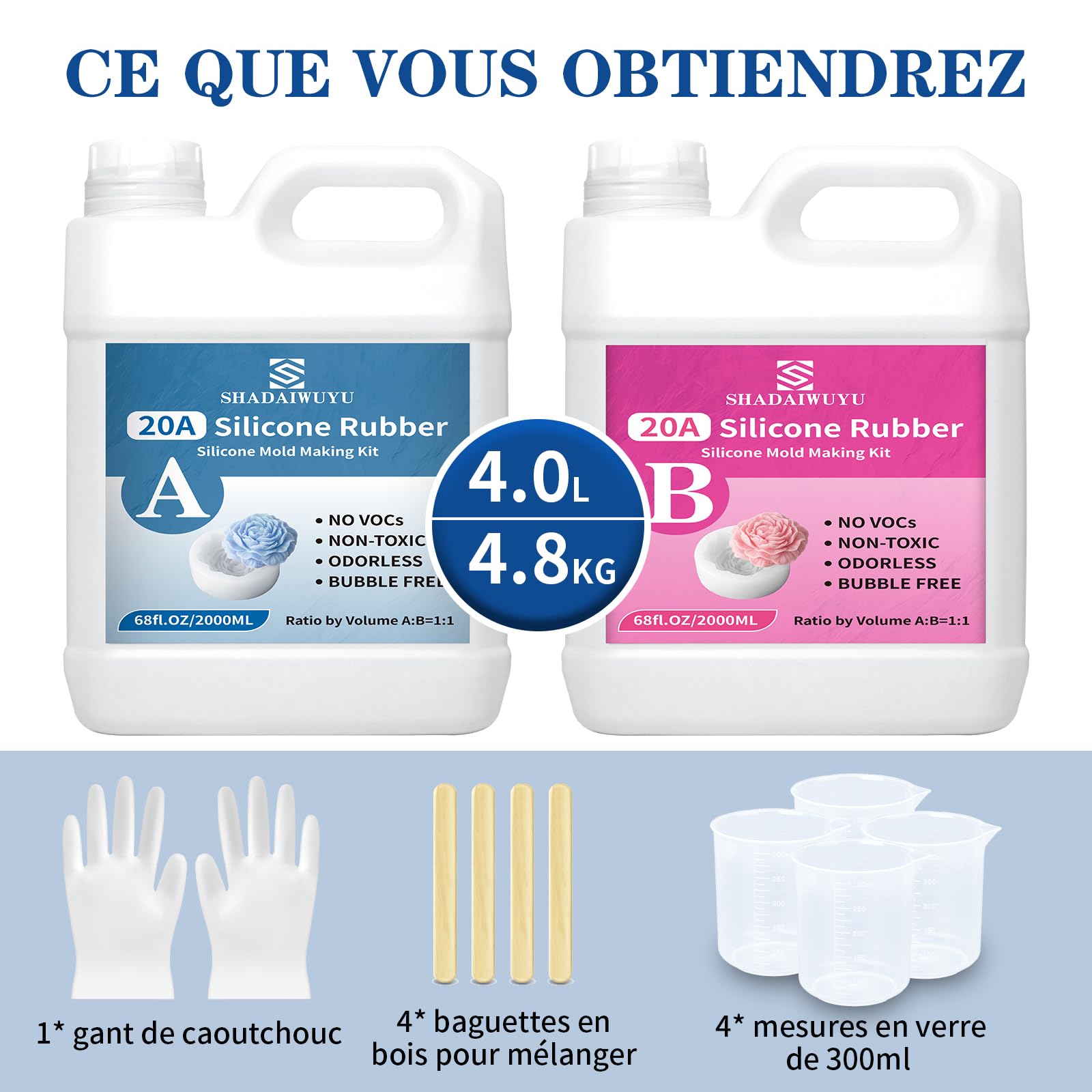 Silicone pour Moulage 20A,4000ml Silicone Liquide Transparent, Mélanger 1:1 de Caoutchouc Silicone à Séchage Rapide pour les Moulage,Savons Artisanaux, Bougies, Moules en Résin
