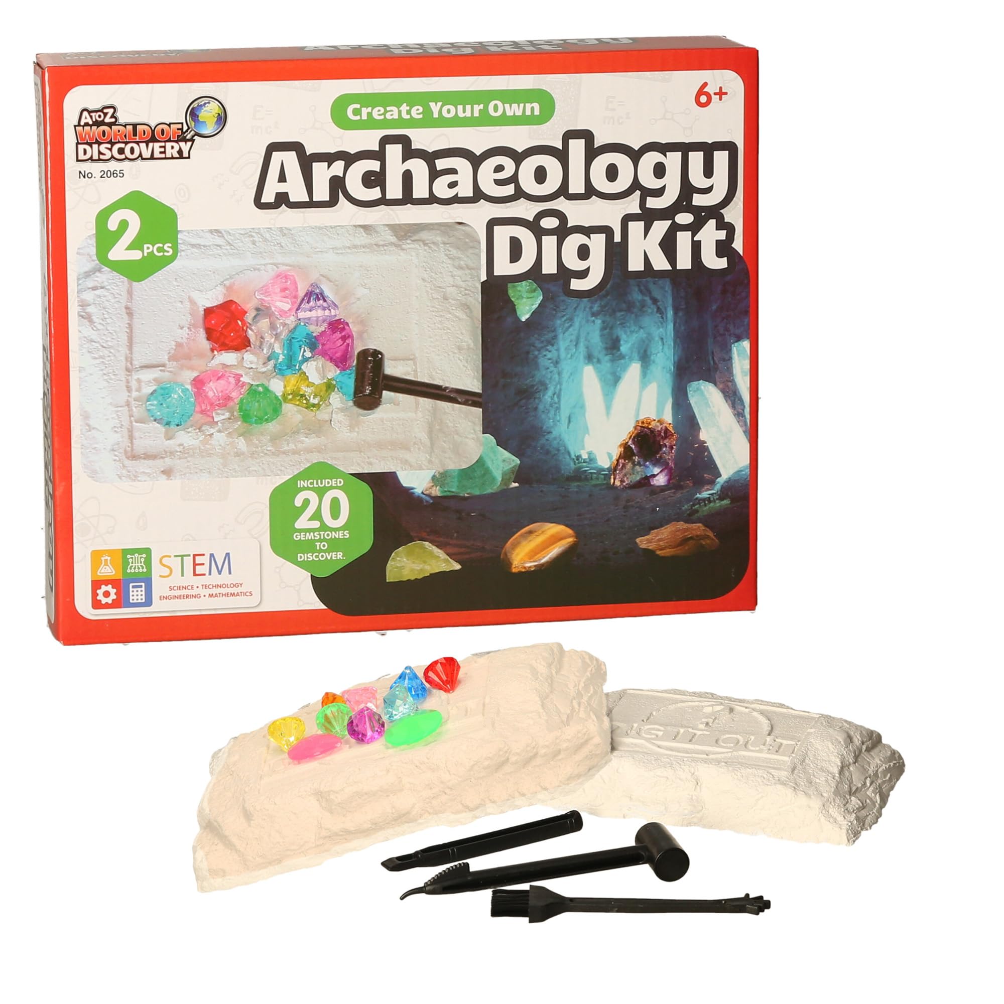 A to Z World of Discovery Archaeology Dig Kit, 20 Gemstones, STEM Educational Toy, Ages 6+, 2 Pieces