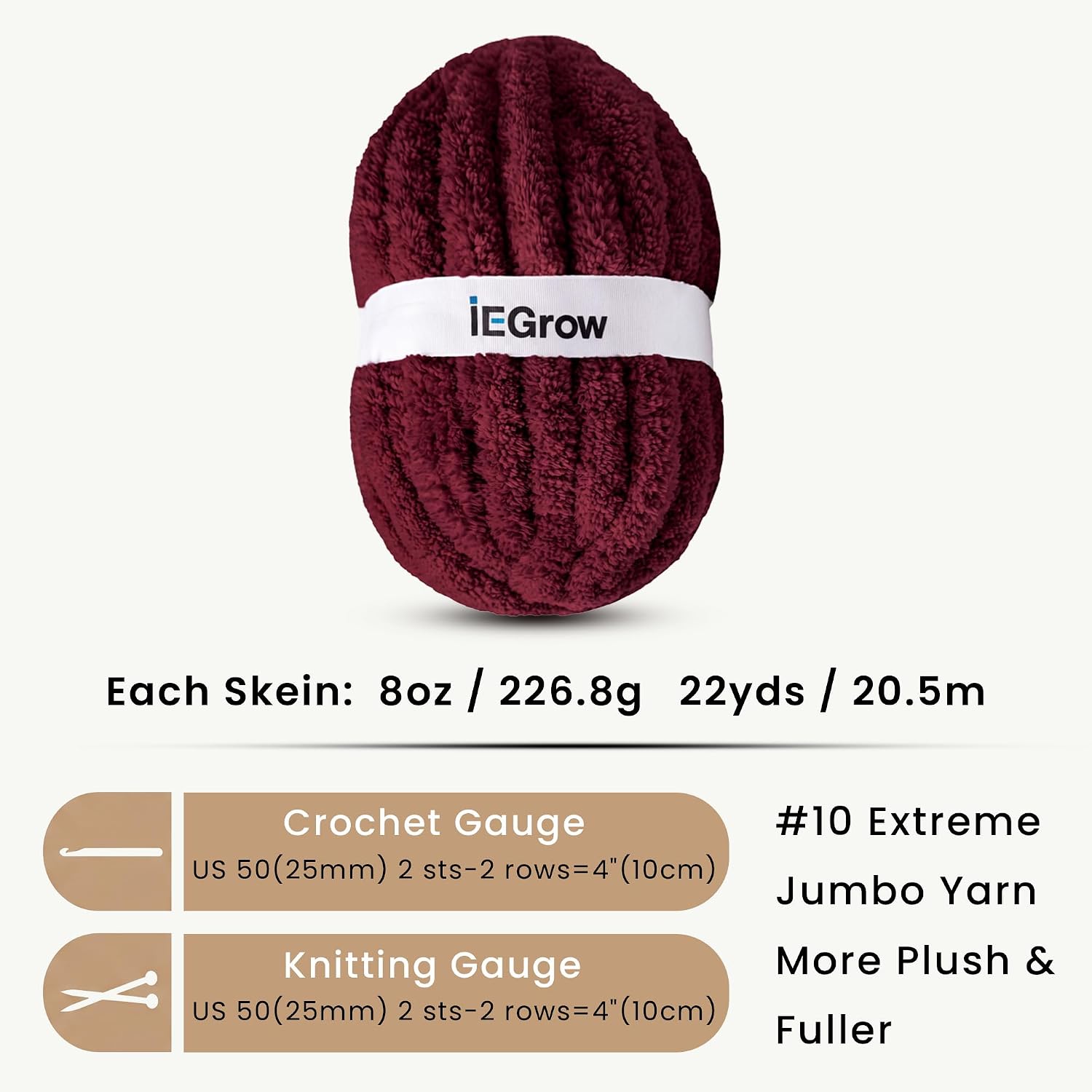  Chunky Yarn for Hand Knitting, #10 Chunky Chenille Yarn for Blanket,Thick Soft Bulky Chunky Yarns for Crocheting,8 Skein (22 yds 8 oz Each Skein), Burgundy thumbnail