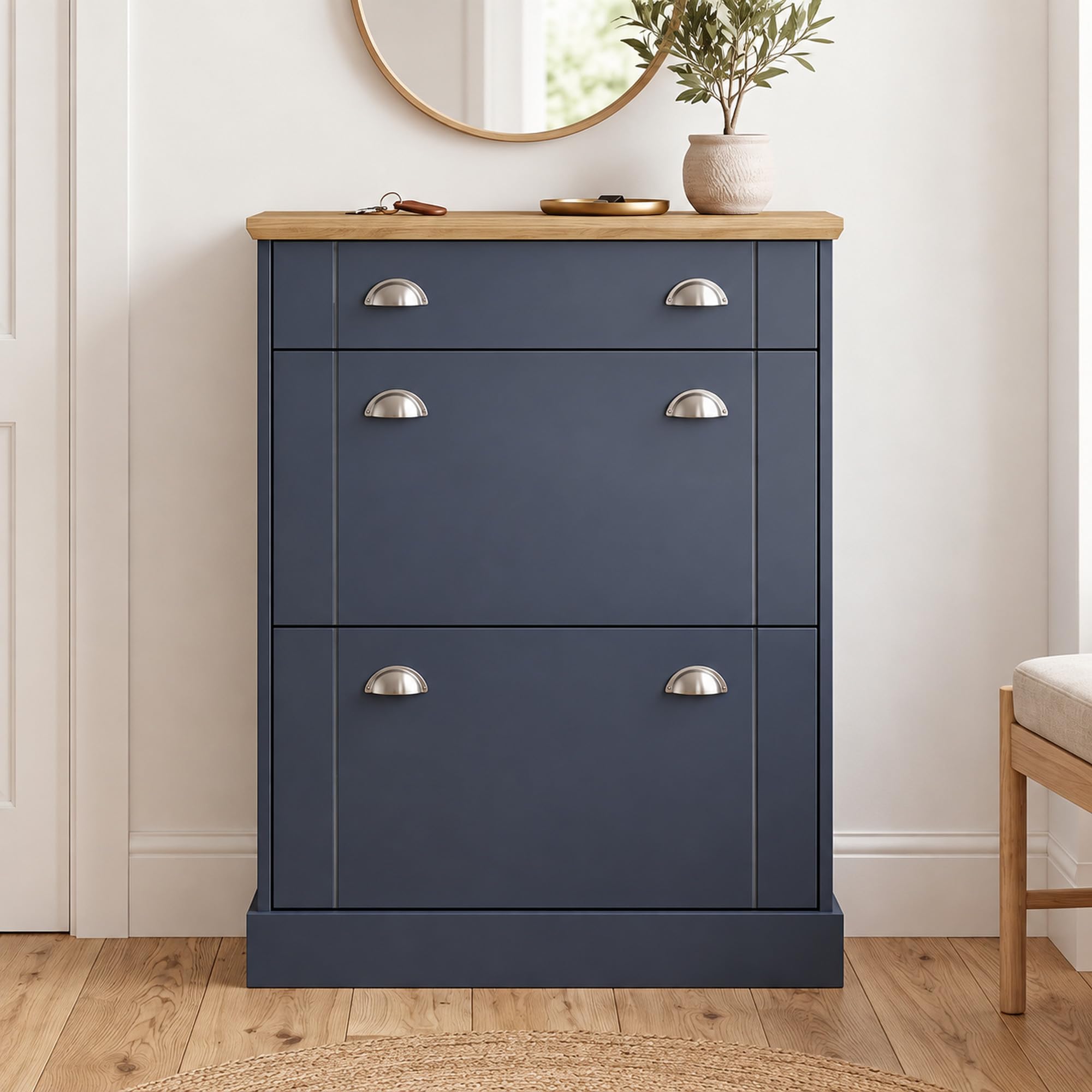 GFW Kendal Deluxe Shoe Cabinet, Slate Blue and Oak Effect Storage Cabinet with 2 Flip Doors and Drawer, Hallway Shoe Storage for up to 12 Pairs