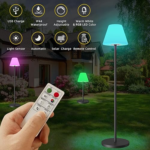 Miniatura 5 de Lámpara solar de pie para exteriores, regulable, LED, recargable por USB, luces blancas cálidas RGB para patio, jardín, patio (base redonda)