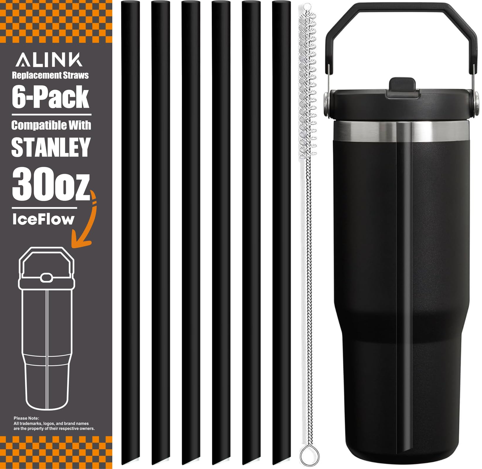 ALINK Replacement Straws for Stanley Iceflow 30oz Flip Tumbler, 6 Pack Reusable Black Plastic Straws Compatible with 30oz Stanley IceFlow Cup with Cleaning Brush, Angled Design, Dishwasher Safe