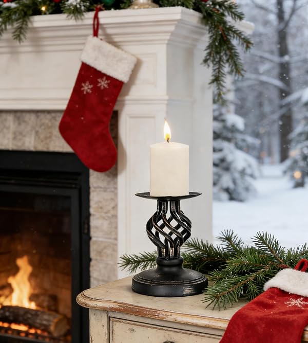 LHQOO Pillar Candle Holder – Vintage Metal with Weighted Non-Slip Base & Anti-Tip Design, Fits 3" & Under Pillar Candles, for Home, Wedding, Party, Dining, Anniversary (Black-Small Size) by LHQOO - Image 3