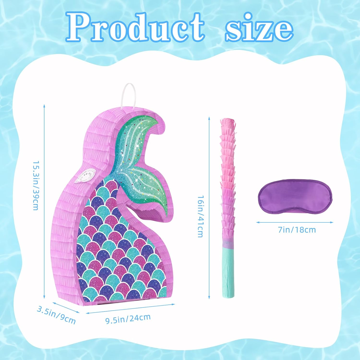 Mermaid Tail Pinata with Stick and Blindfold Mermaid Pinata for Girls Kids Birthday Party Decorations Under The Sea Ocean Theme Party Game Supplies