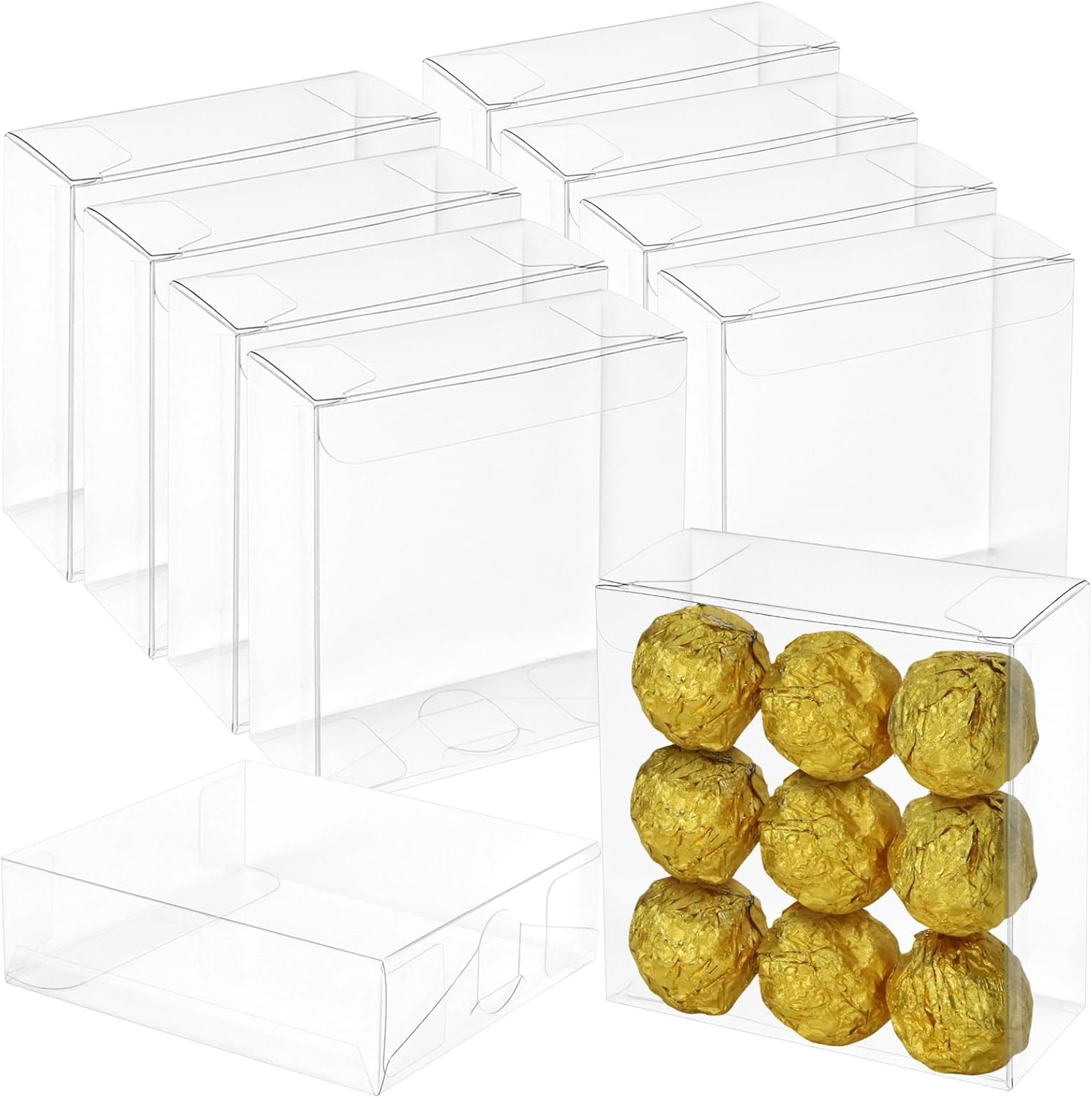 30 Pack Plastic Favour Boxes with Full Window, 4x4x1.2inch Small Clear Treat Boxes for Packaging Cookies, Chocolate, Macaron, Candy as Wedding, Christmas Party, Festival Gift