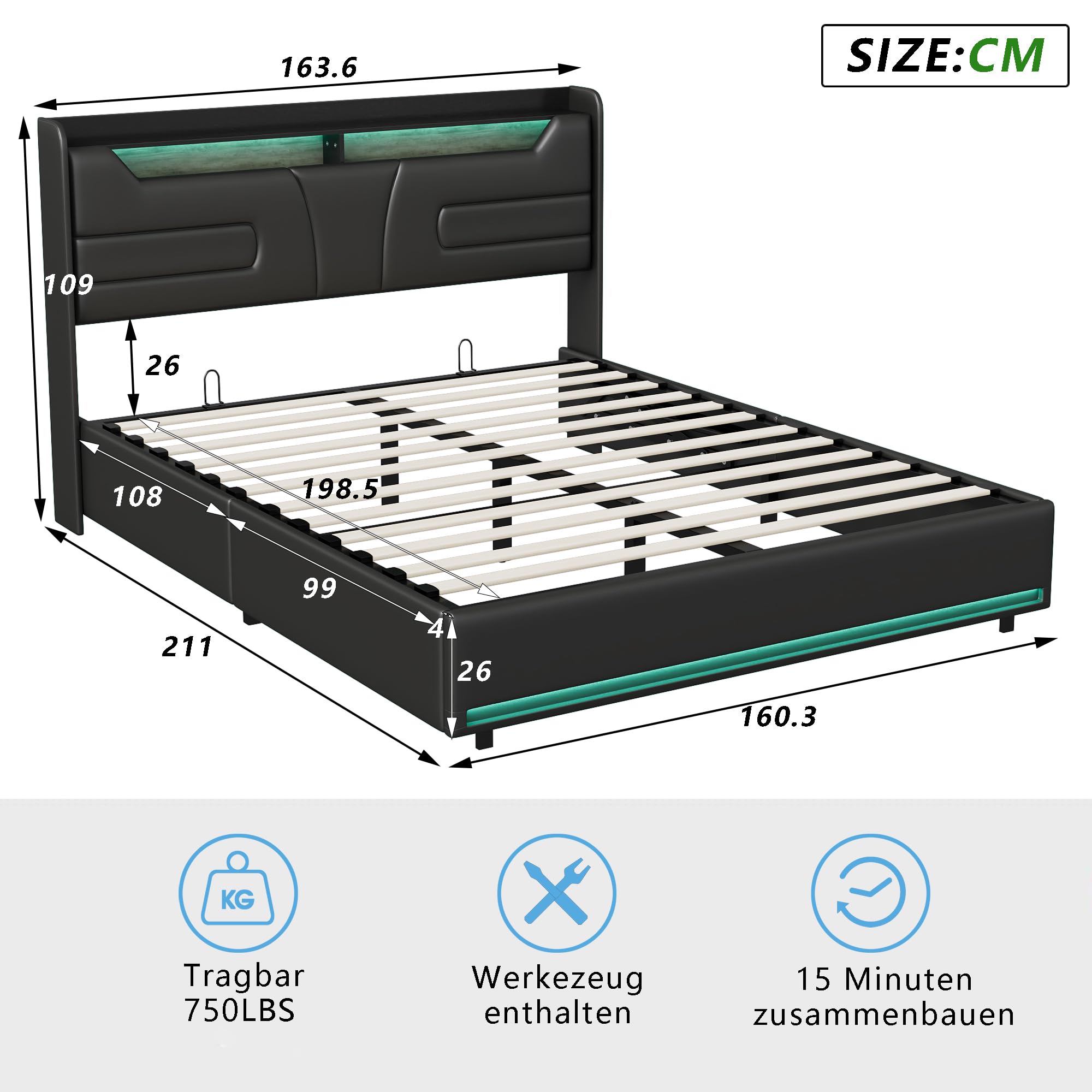 Doppelbett 160 x 200 cm Gepolstertes Bett aus PU mit Ladeanschluss und LED-Kopfteil, Hydraulisches Bettgestell mit Stauraum und Lattenrost, Schwarz Kunstleder (ohne Matratze)