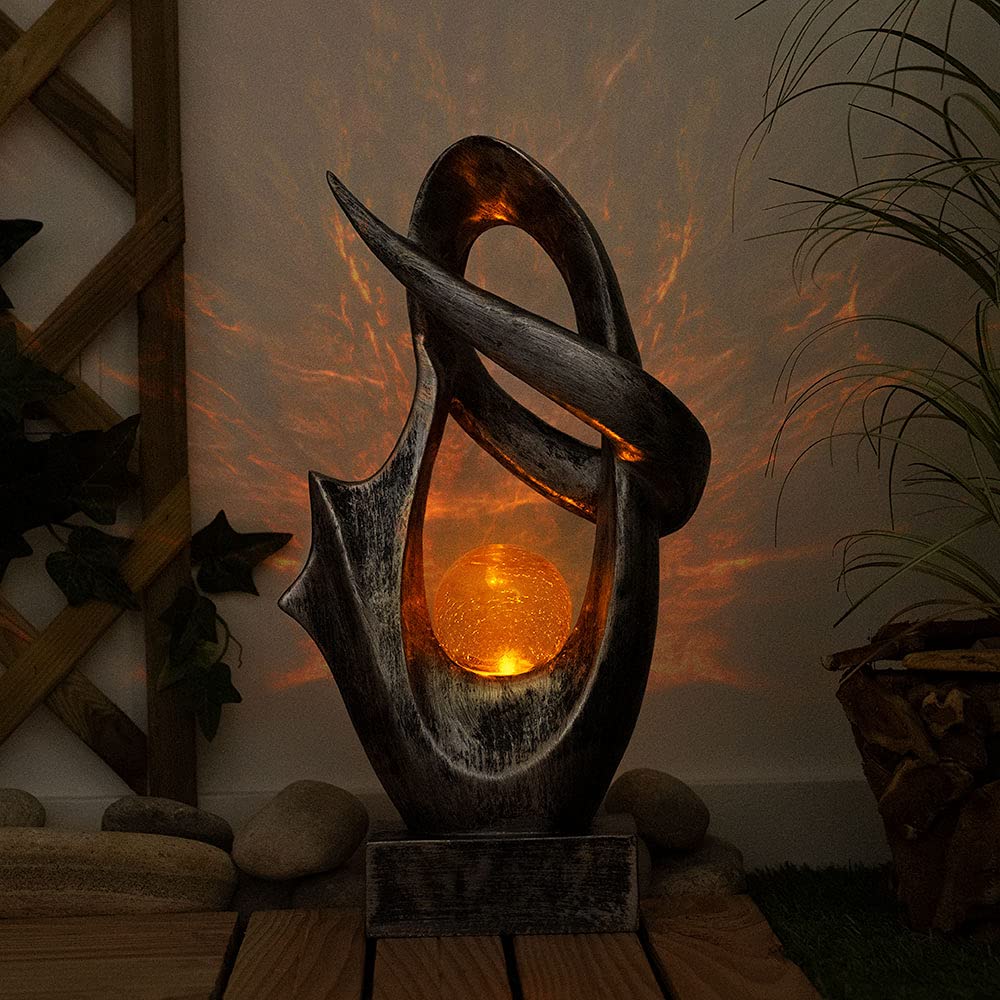 Solarlampe für Außen Garten Deko Terrassen Lampe Außen Boden Solar Lampe Outdoor stehend, mit Feuereffekt, Skulptur silber, Crackle Glaskugel, 1x LED 3000K, BxH 25,5x45 cm