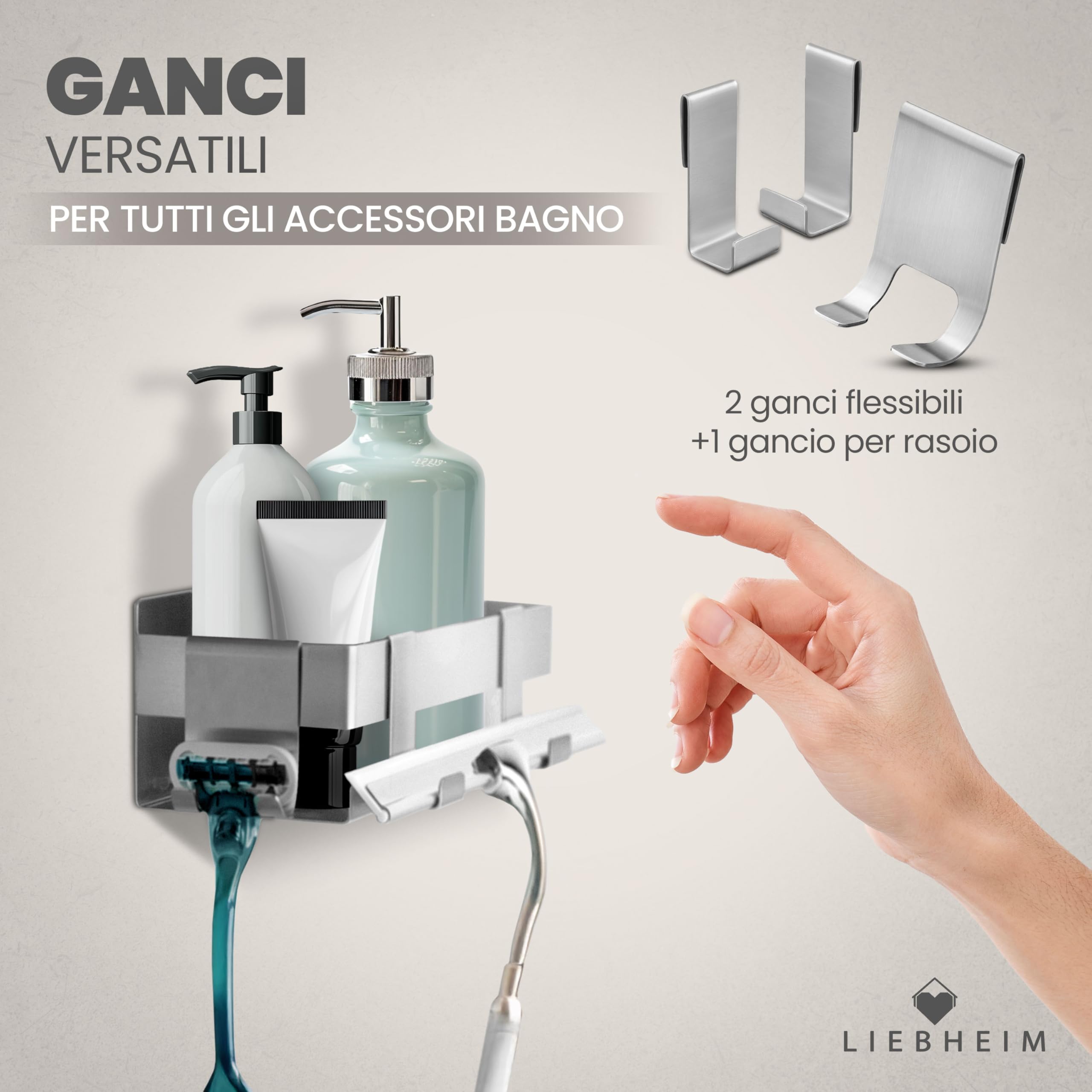 LIEBHEIM mensola per doccia cestino per bagno senza forare - tenuta super forte grazie al nastro adesivo di montaggio - acciaio inox S304 - solido (acciaio inox spazzolato)