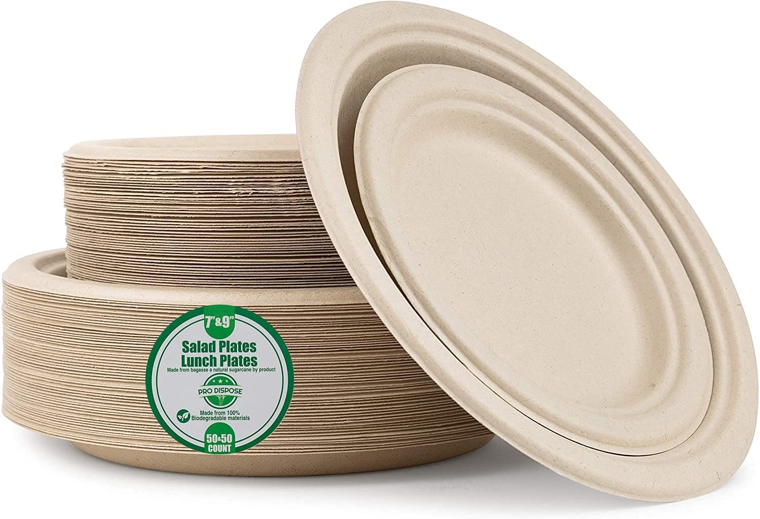 [7" 9" Combo 100-Pack]Sugarcane/Bagasse (Wheatstraw) Disposable Plates- 100% Tree Free Natural Biodegradable Plant Based Process –Compostable Chemical Free and Eco Friendly Plates, Microwavable.