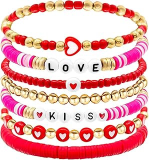 Valentines Bracelet for Women Clay Bead Bracelet Heishi Surfer Bracelets Set Love Heart Valentines beaded Bracelets Bulk Cute Pink Red Stackable Stretch Bracelets for Valentines Accessories Jewelry Gifts