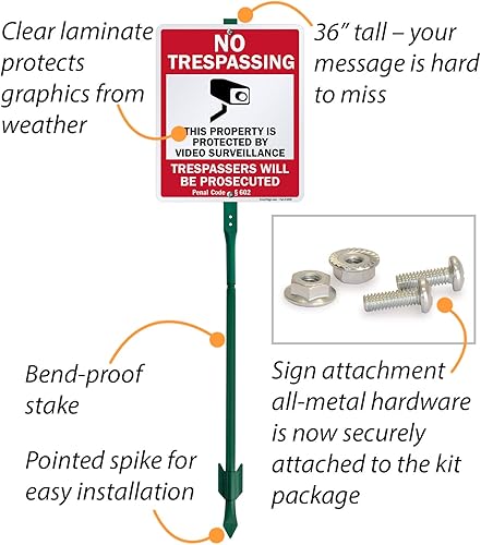 Miniatura 4 de SmartSign Letrero de 12 x 10 pulgadas, "No Trespassing - Propiedad protegida por videovigilancia, código penal  602" con estaca de 3 pies, aluminio