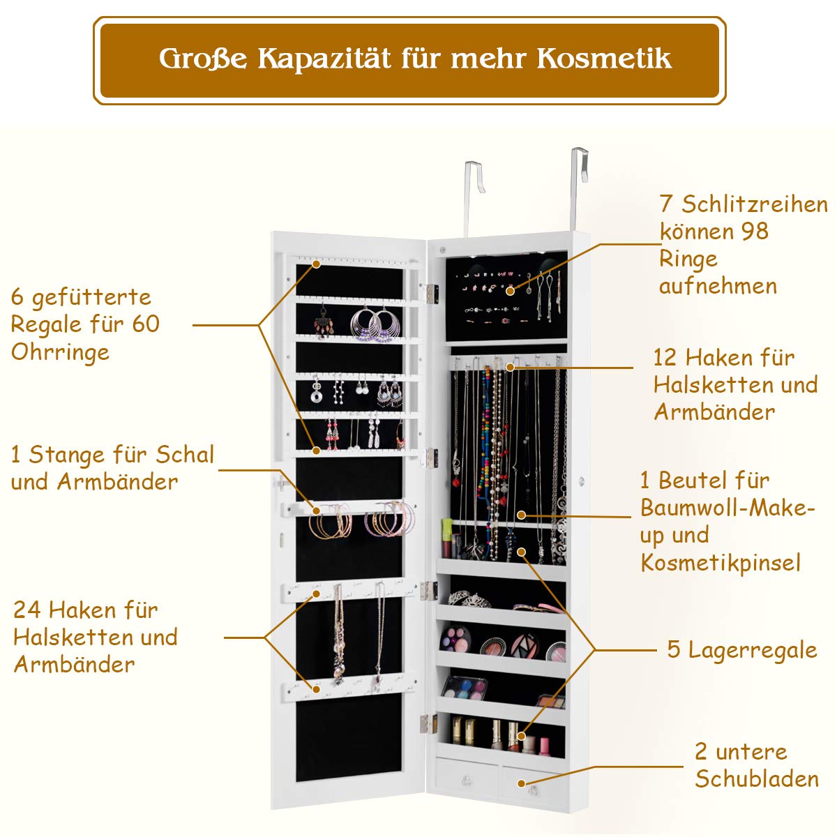 GOPLUS Schmuckschrank, Spiegelschrank, Schmuckregal hängend mit Spiegel, mit LED Beleuchtung, Farbewahl, für Ringe, Ohrringe, Halsketten, Armbänder (Weiß)