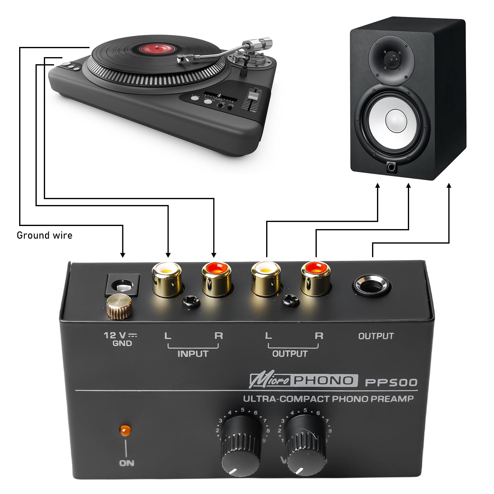 Phono preamplificatore giradischi, preamp RCA stereo con adattatore DC 12V, nero