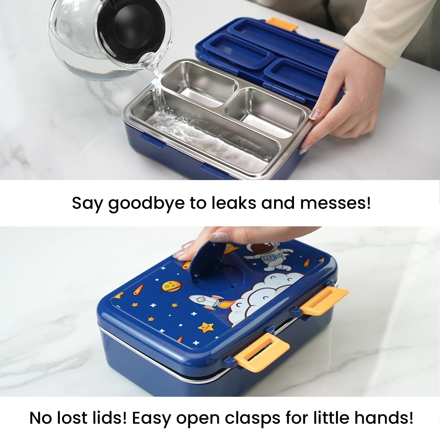 Small Bento Box for Toddlers & Snacks – 3-Compartment with Leak-Proof Lid, Spoon & Stainless Steel Tray – 20 x 15 x 6.8 cm BPA-Free, Dishwasher Safe - Fun Space Design for School & Travel (Blue)