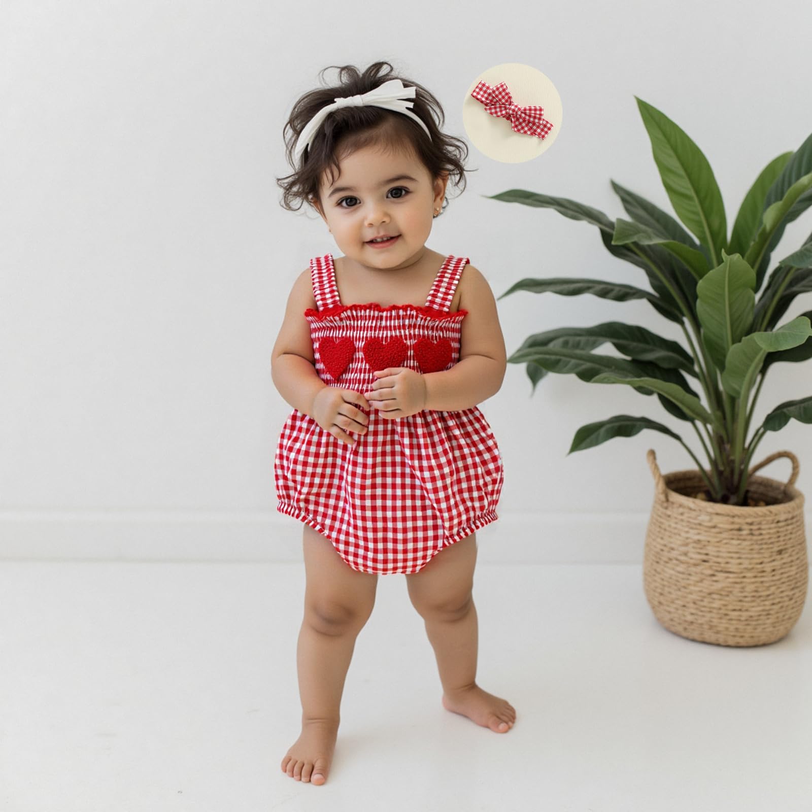 Acrawnni Newborn Infant Baby Girl 1st Valentine's Day Outfit Plaid Heart Sleeveless Suspender Jumpsuit with Headbands Sets (A-Red - Image 4