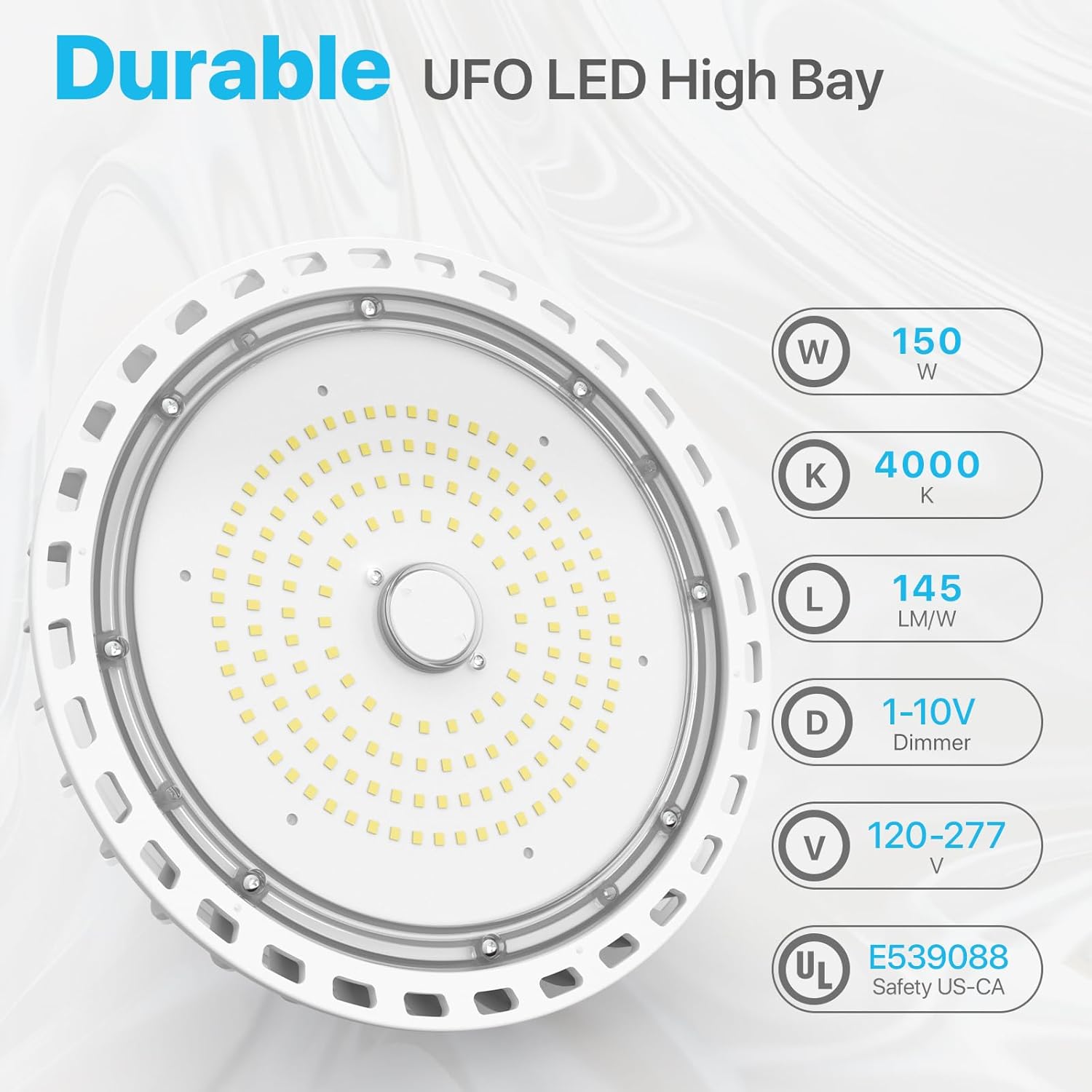HYPERLITE UFO LED High Bay Lights 100W 14,000LM (140lm/W) 5000K Low Bay LED Lights 1-10V Dimmable 5FT Cable with 110V Plug Hanging Hook Safe Rope UL Listed High Bay Light for Warehouse Gym Workshop