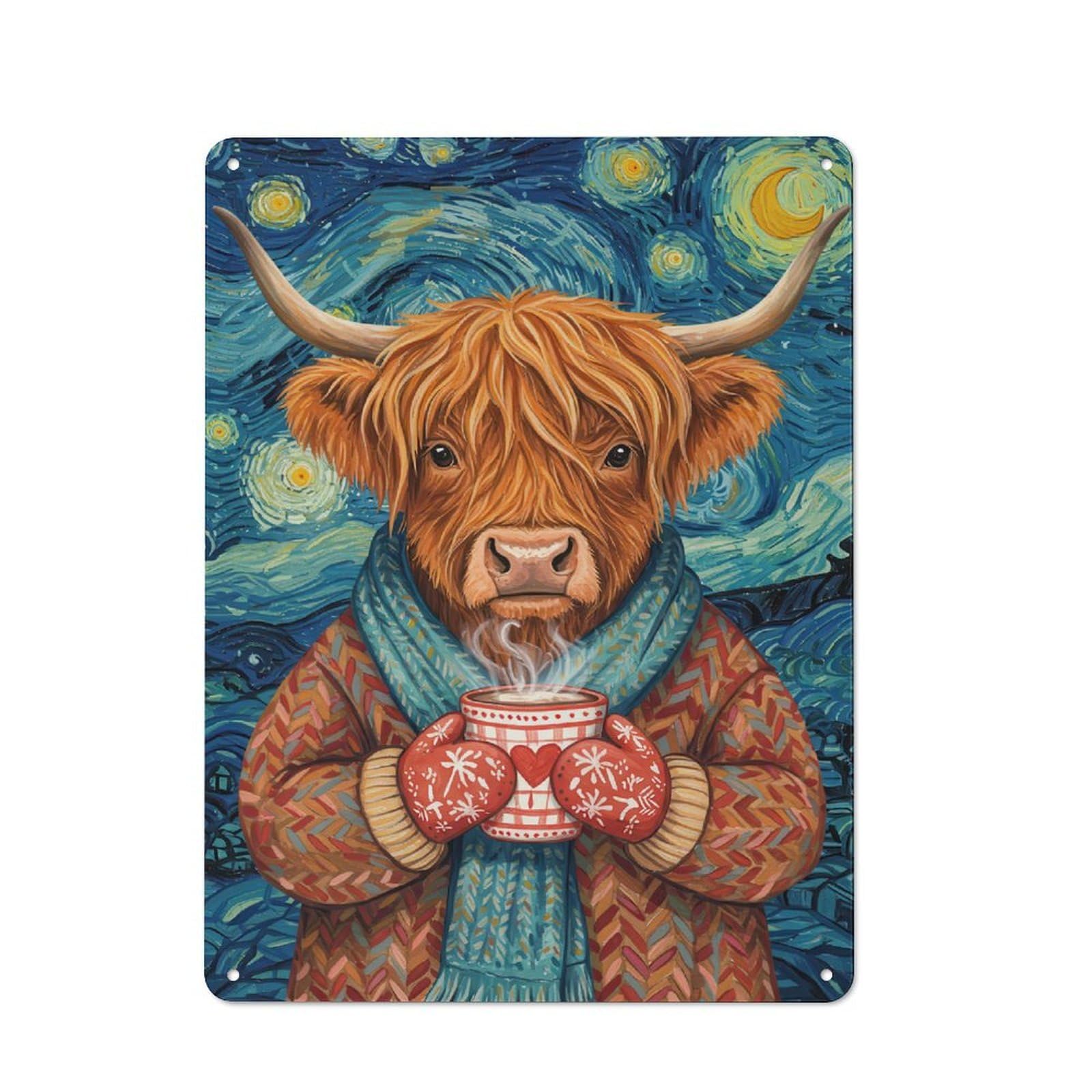 Junmoney Style-12 Tin Sign 40X30cm With Highland Cow In Starry Night For Workshop Wall, Retro Decor, For Metal Sign Collectors, For Cafés, Pubs And Restaurants