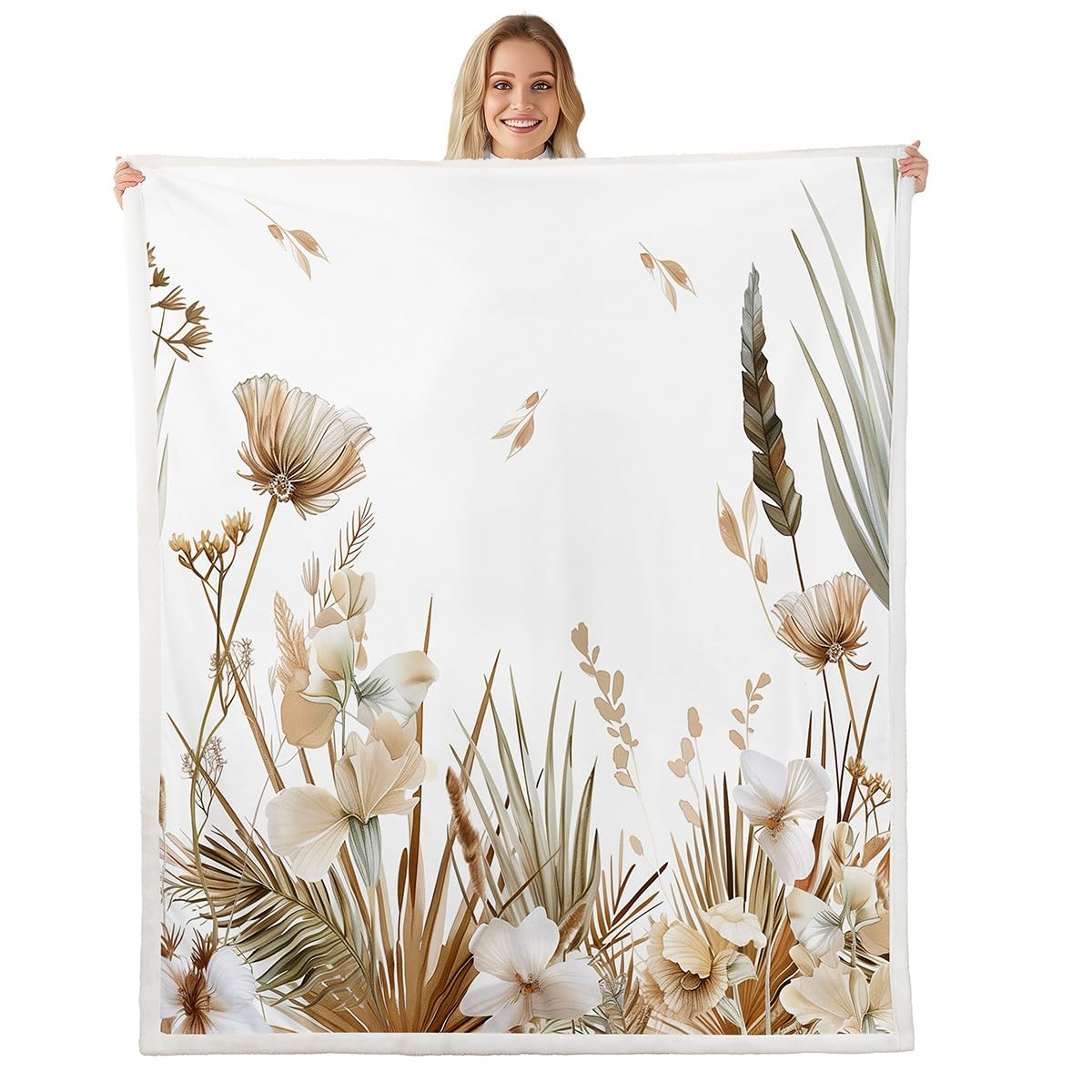 Couverture polaire marron 150x200 cm à motif fleurs sauvages pour lit et canapé