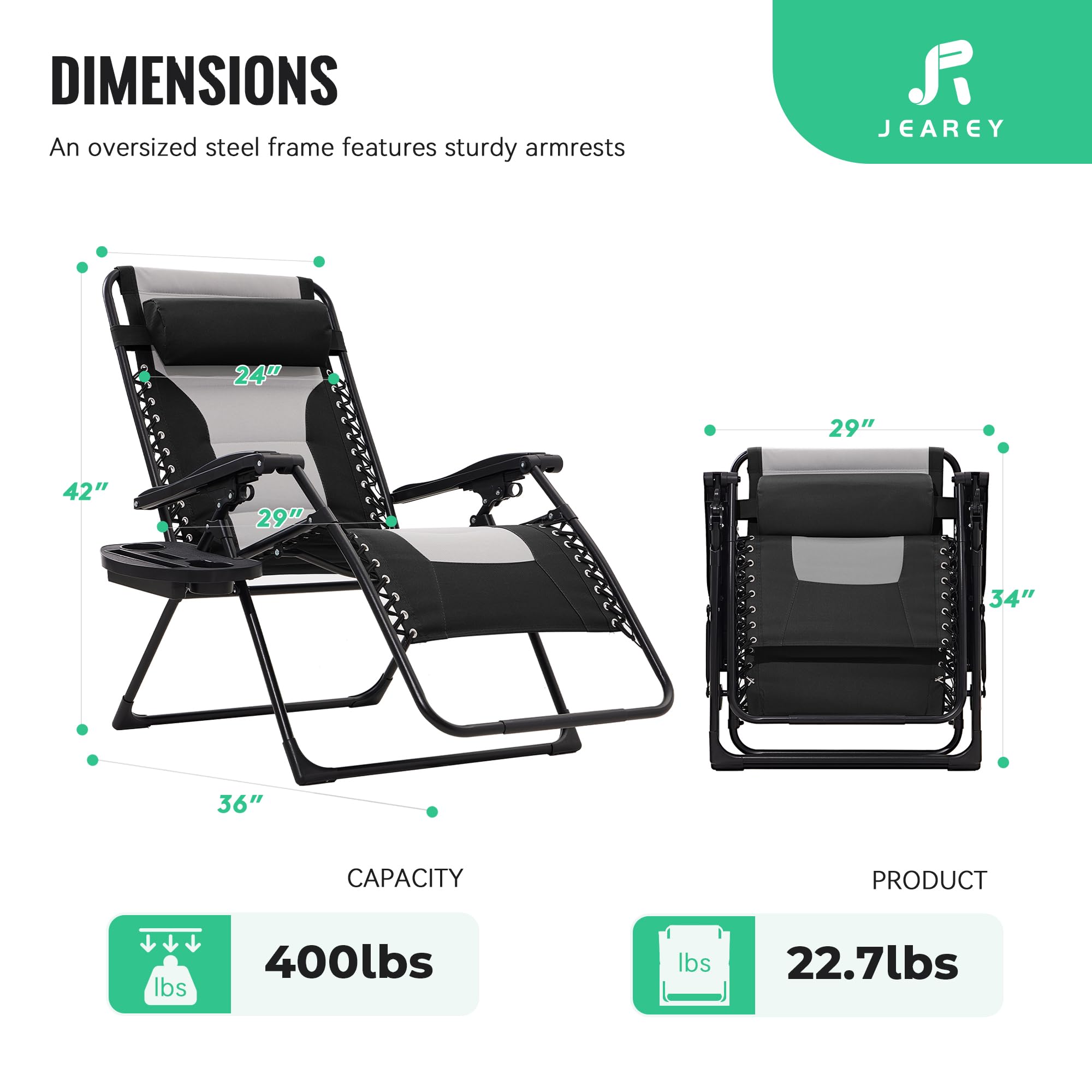JEAREY Juego de 2 sillas acolchadas de gran tamaño de gravedad cero, sillas plegables reclinables para patio al aire libre, silla antigravedad para patio trasero con reposacabezas, portavasos, bandeja