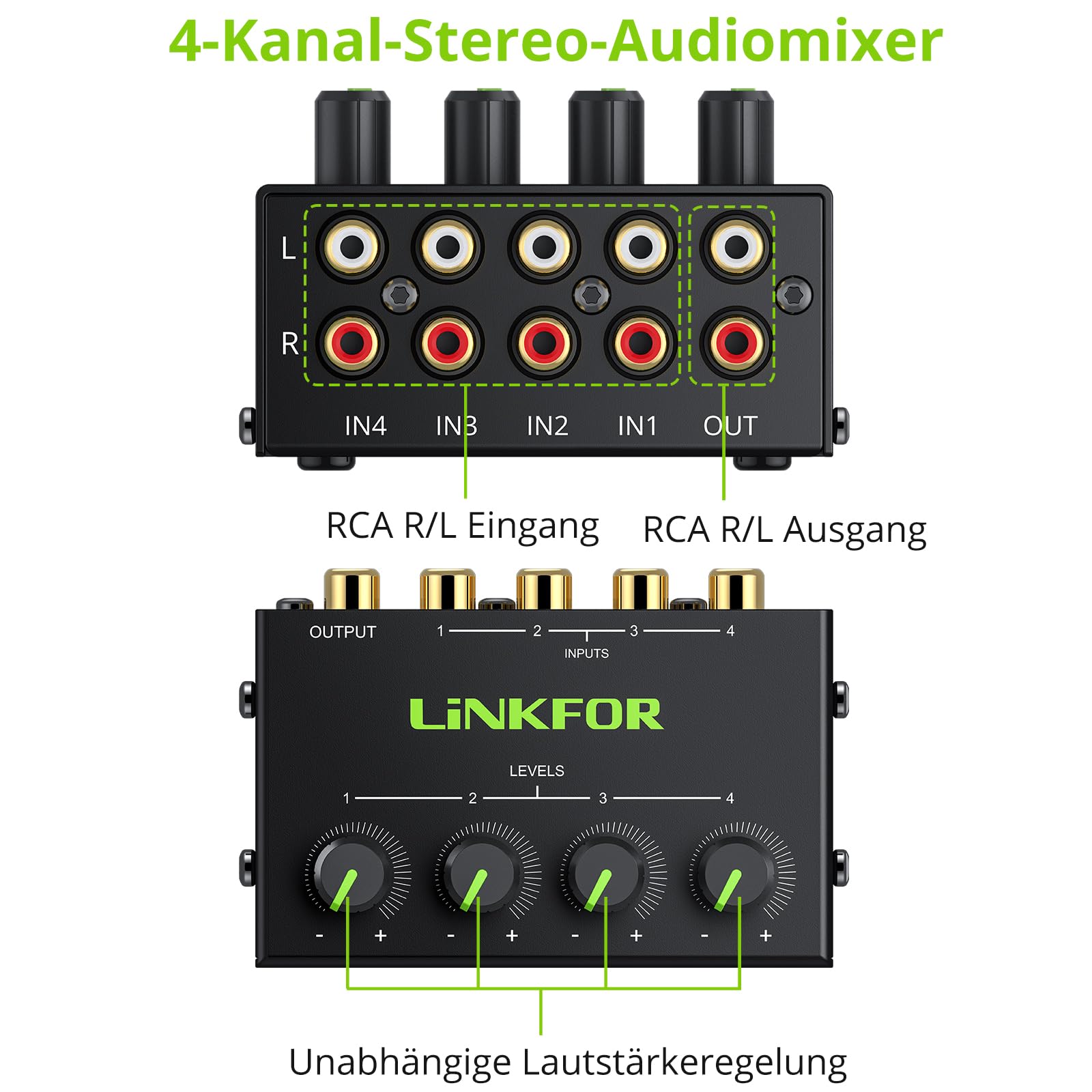 LiNKFOR Audio Mixer Stereo Passiver Mischer 4 Kanal Stereo Audiomischer mit 4 Eingänge und 1 Ausgang Mini-Stereomischer mit separaten Lautstärkereglern für Mischinstrument, CD-Player, Clubs/Bars, PC