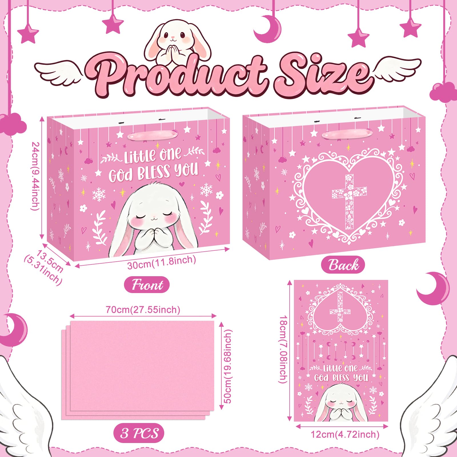 Large Baptism Gift Bags for Girls, Bunny Pray Pink Christening Gift Cross Gift Bag with Tissue Paper Card Little One God Bless You Religious First Holy Communion Wrapping Paper for Baby Girl Baptisms
